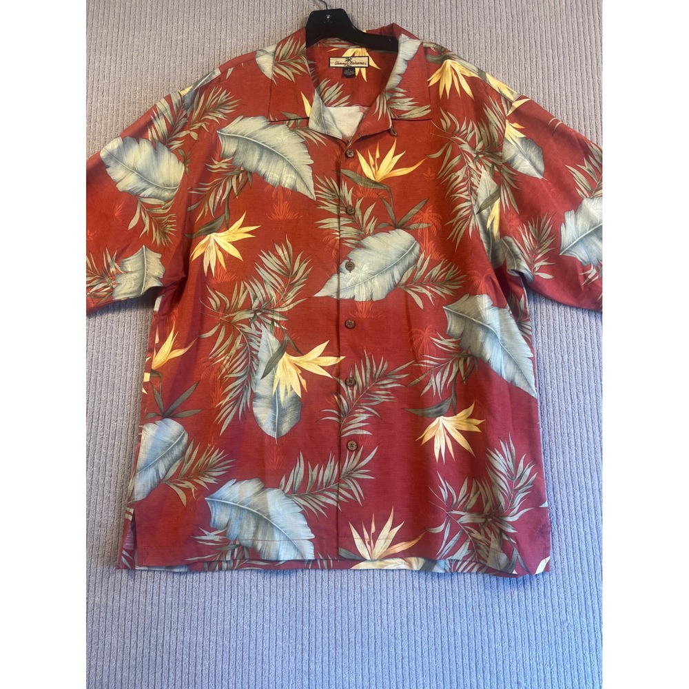 Tommy Bahama Shirt Mens XL Red Silk Bird of Paradise Tropical Floral Camp
